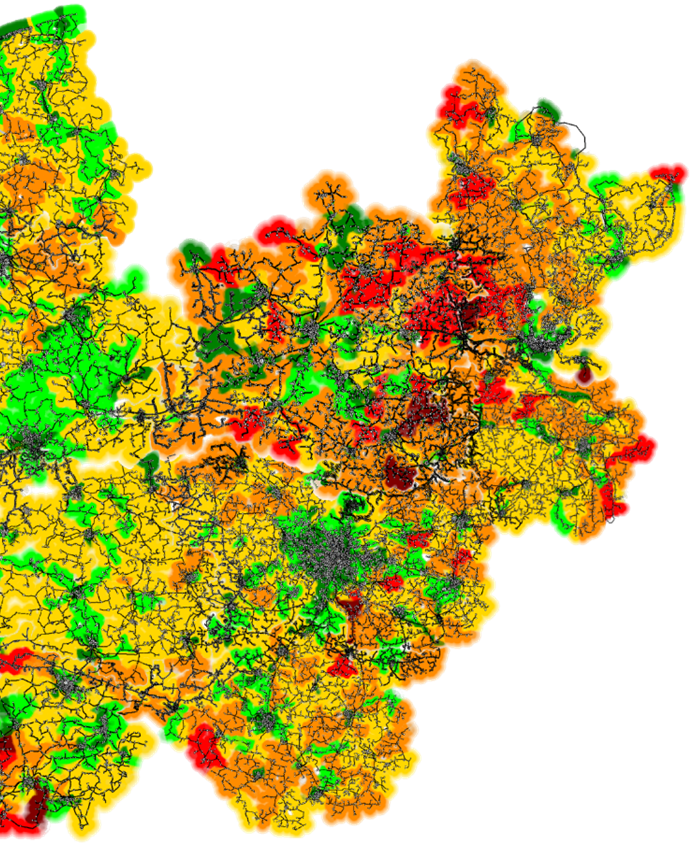 Rezultat badań symulacyjnych mapa sieci SN z oznaczonym kolorami czasem trwania przerwy w dostawach energii SAIDI